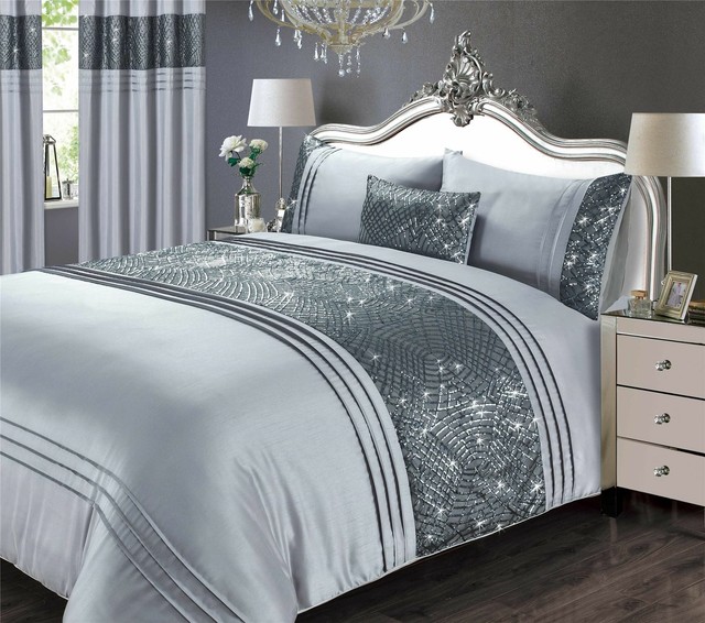 ART DECOSTYLE SEQUINS PLEATS FAUX SILK GREY SUPER KING DUVET COVER eBay