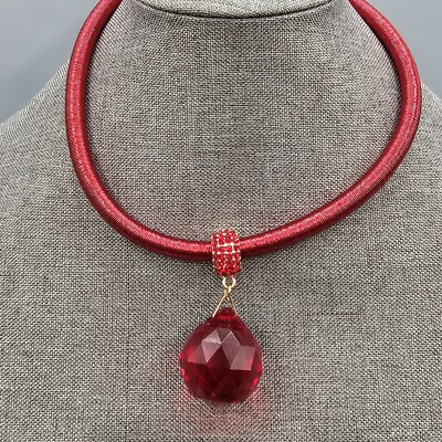 Good Luck Red Pendant Necklace Facet Cut Acrylic Drop Rhinestone Accent Signed