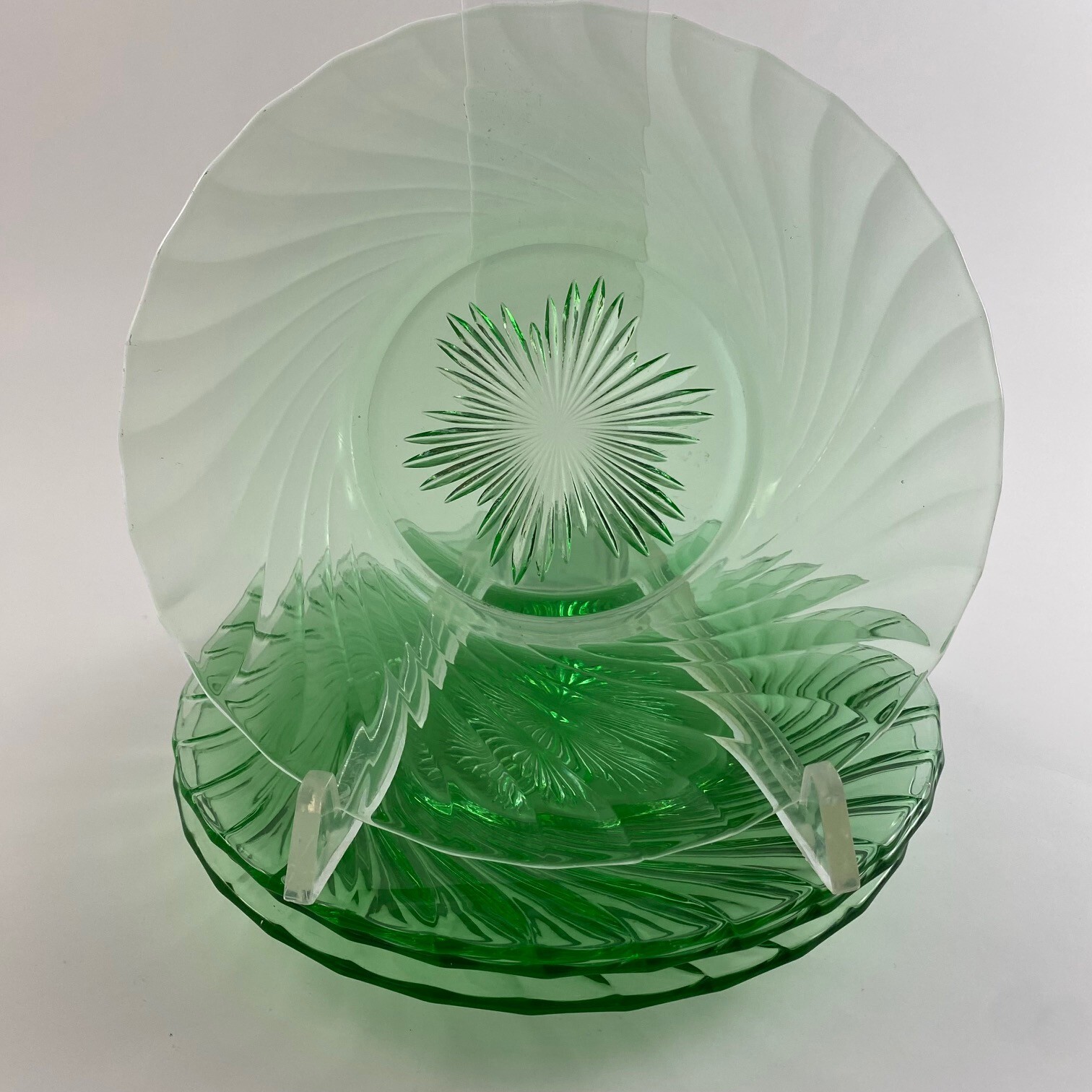 Green Glass Dessert Plates Twisted Rim and Starburst Center Set of