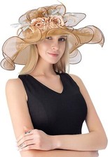 RZTA Women's Kentucky Derby Church Dress Hat Wide Brim Leaf Flower O1-gold