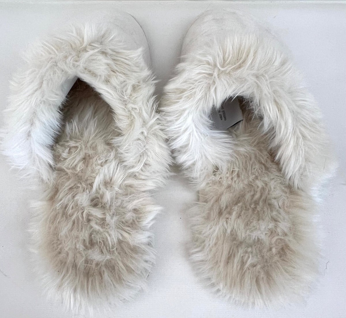 RESTORATION HARDWARE ARTIC FOX CREAM SLIPPERS, FAUX FUR AND VELVET