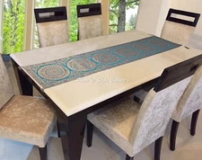 Bohemian Jacquard Table Runner Brocade Turquoise Mandala Long Tablecloth Cover