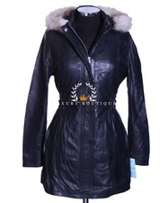 Juliet Blue Ladies Casual Fur Hooded Lambskin Leather Jacket Trench Coat