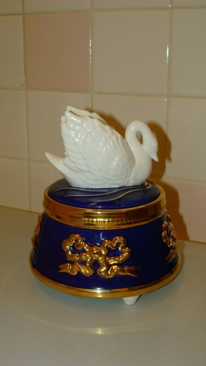 Teleflora Vintage Porcelain SWAN Music Box Trinket Jewelry Box