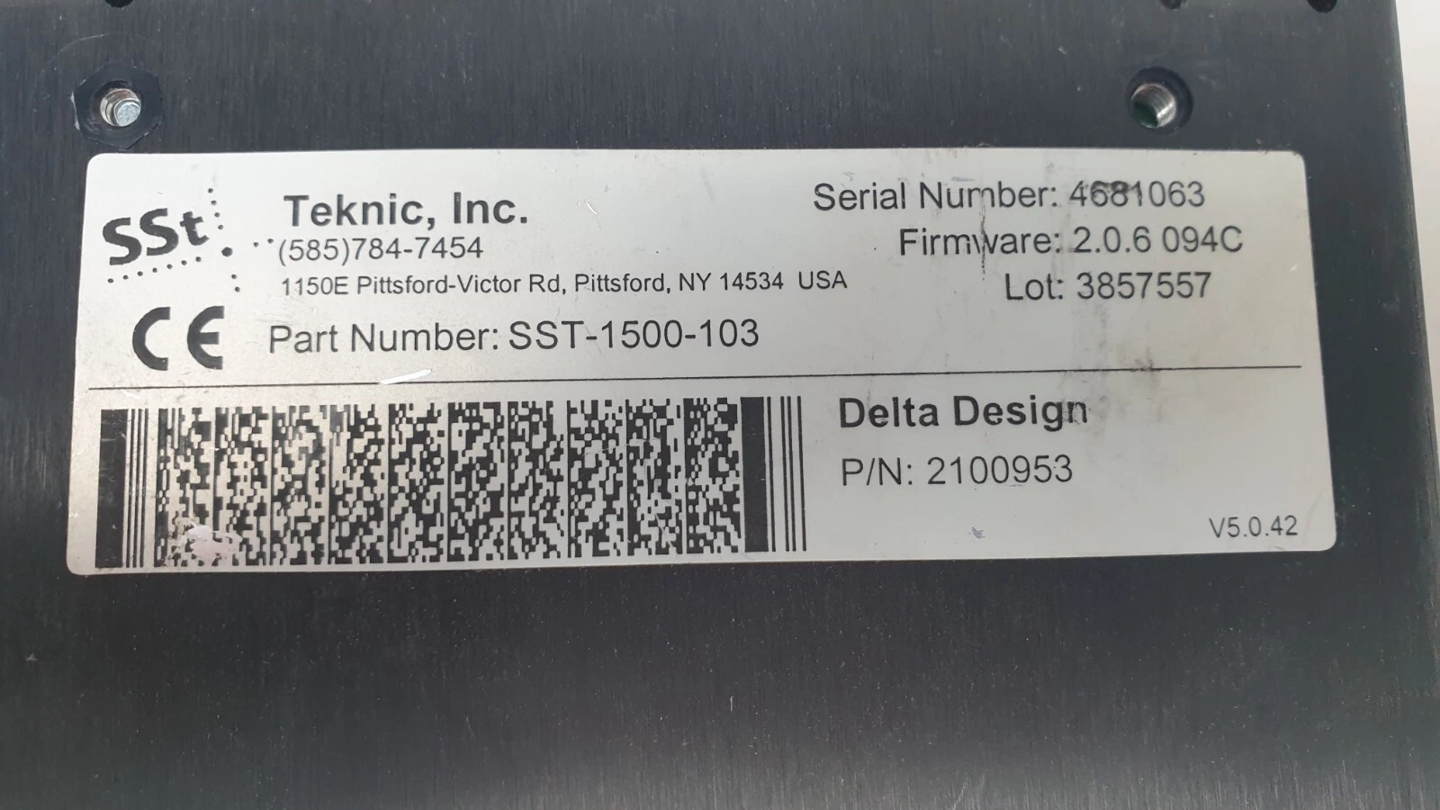 Teknic SST-1500-103 label with firmware 2.0.6 and Delta Design P/N 2100953