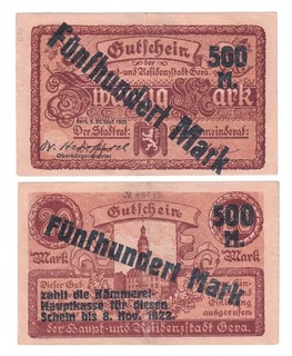 Gera Haupt u. Residenzstadt 500 Mark 1922 Überdruck auf 20 Mk von 1918