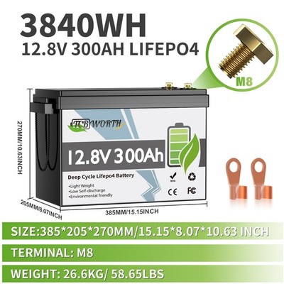 12V 300AH LiFePO4 Lithium-Batterie 200A BMS Wohnmobil Notstromversorgung Solar