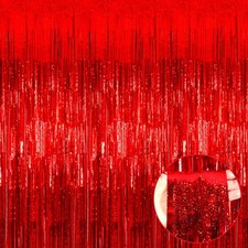 4 Pack Red Tinsel Foil Fringe Curtain Backdrop, 3.28Ft x 8.2Ft Metallic Strea...