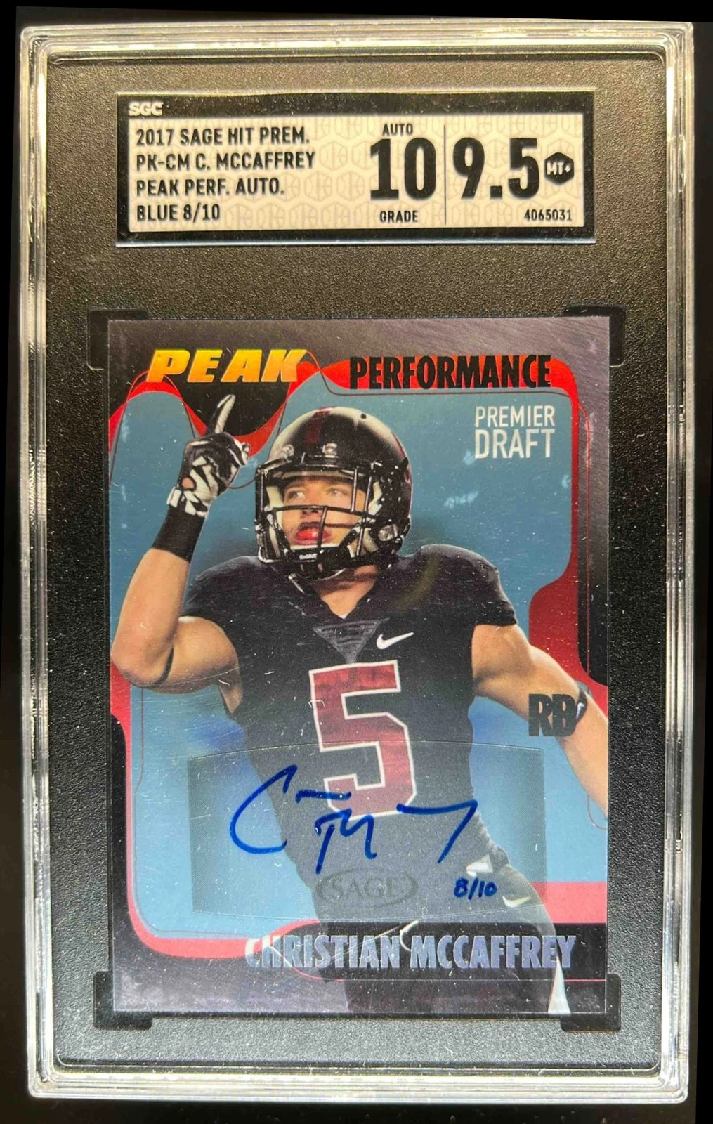 Christian McCaffrey SA-GE Hit Premier Draft Peak Performance Platinized #PKCM Autograph-Blue