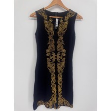 St. John Evening Knit Sheath Dress Women 2 Gold Studded Scroll Wool Formal Gala