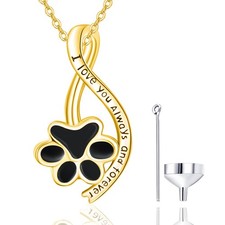 Urn Necklace for Dog Ashes 925 Sterling Silver Gold Plated Pet Paw Print Crem...