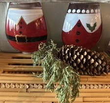 NEW Pier 1 Imports Stemless Wine Glasses Santa & Mrs. Claus Handpainted NIB