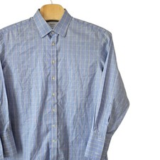 Charles Tyrwhitt Mens Non Iron Dress Shirt Blue Micro Check 17/35 French Cuff