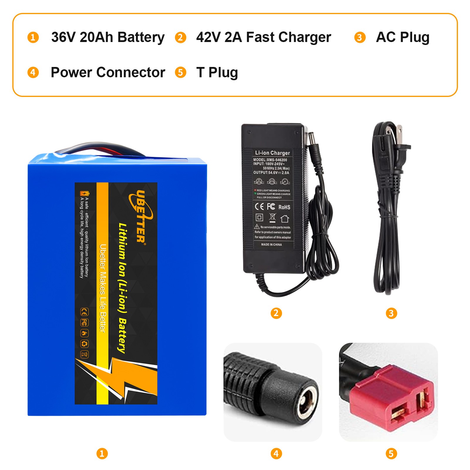 36V 20Ah Lithium Battery Rechargeable with 2A Charger, Built-in 30A BMS