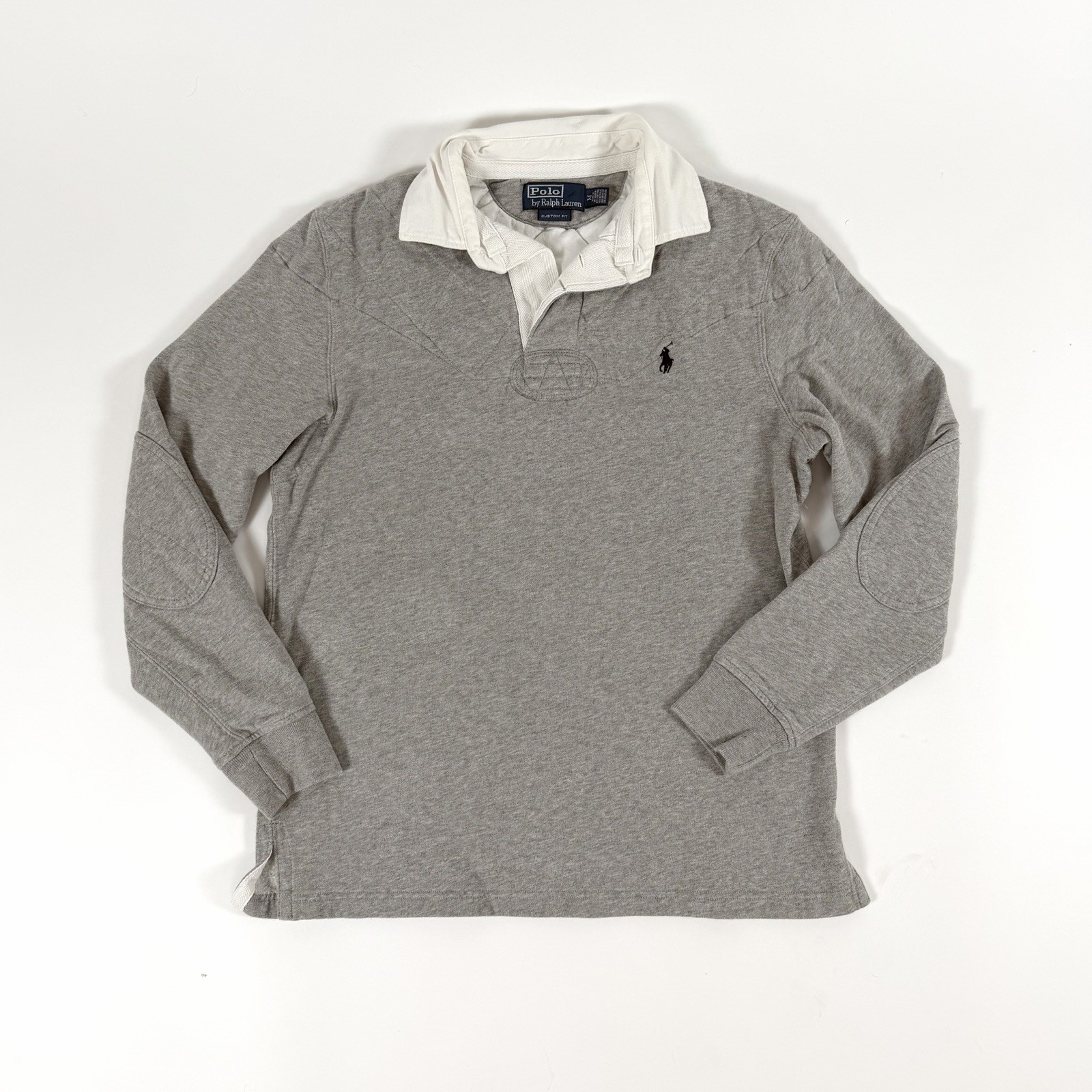 Rare VTG Grey Polo Ralph Lauren Rugby Sweatshirt Custom Fit W Quilted Shoulder M