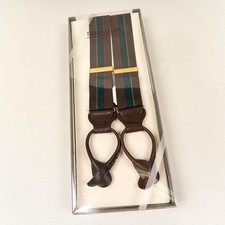Vintage Trafalgar Suspenders Brown Green Stripe Leather Button Style Braces NEW