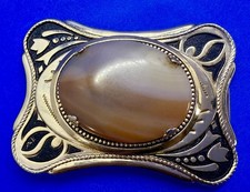 Brown Agate Stone Gold Tone Cabochon Cab Centerpiece on Western Belt Buckle