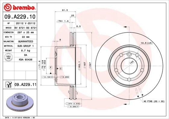 Disques de frein Brembo 09.A229.11 pour remplacer des pièces auto usées
