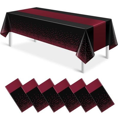 MASHAN 6Pcs Black Maroon Tablecloths, Rectangular Plastic Table Covers, 54x10...