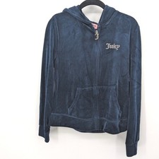 Juicy Couture Velour Hoodie Womens Large Navy Blue Zip Up Rhinestone Logo Y2K