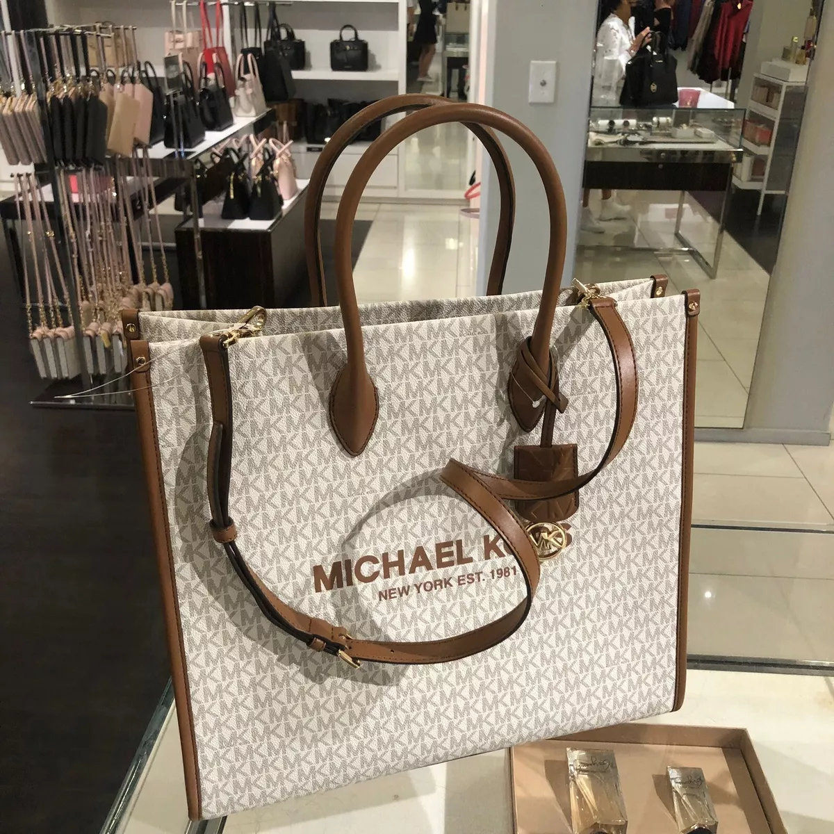 MICHAEL KORS MIRELLA LARGE NORTH SOUTH TOTE BAG MK BROWN