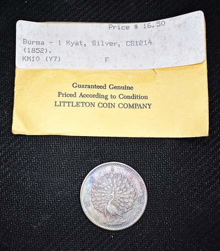 Myanmar Burma 1852 1 Kyat Silver Rare Peacock