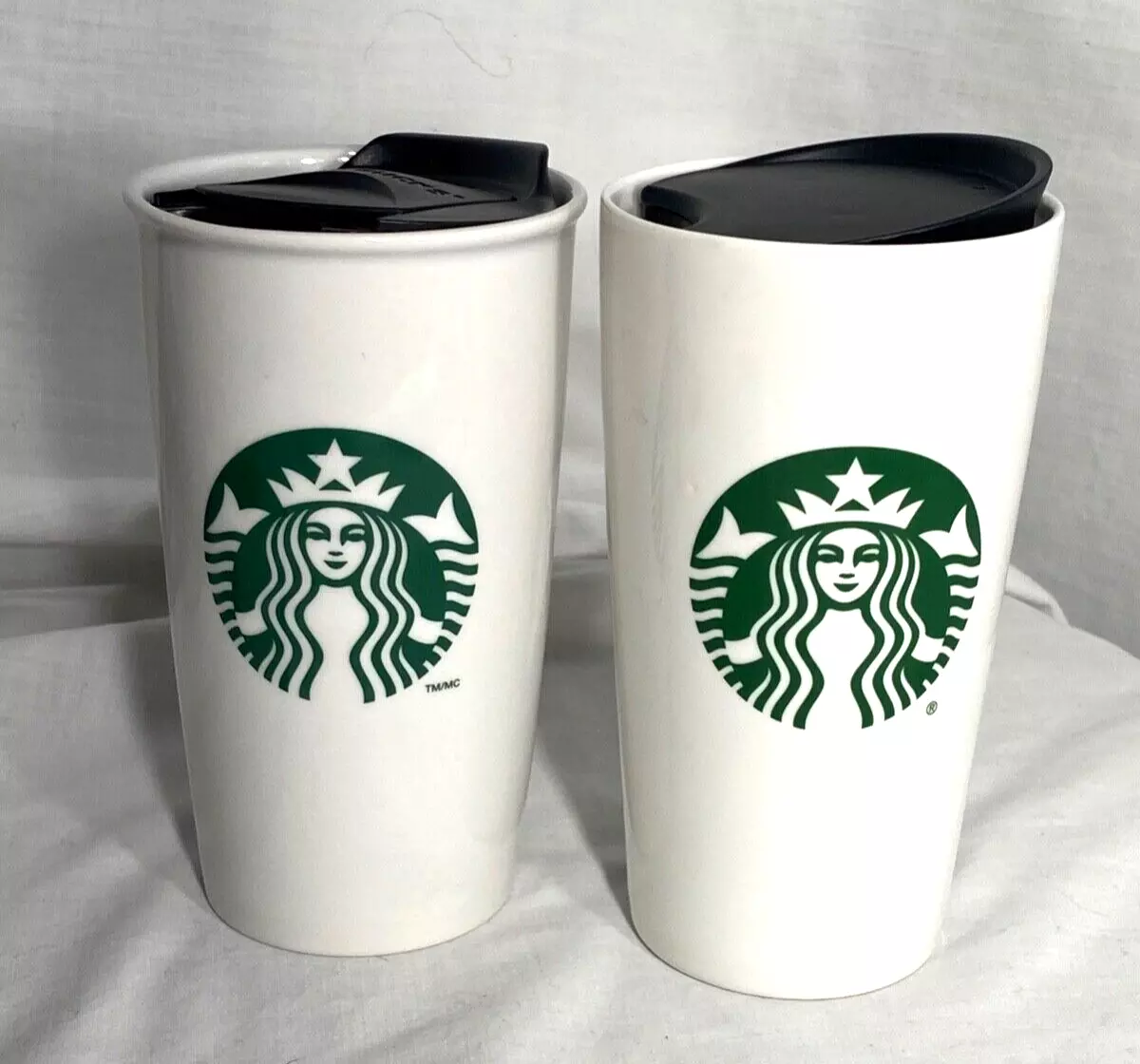 (2) Starbucks Mugs Double Wall Ceramic Tumbler Mermaid Logo Travel Cup w  Lids