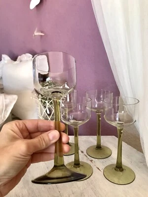 Antik 5x Jugendstil Stengelglas grün Stängelstiel Sammlerglas Weingläser optisch - Bild 1 von 4