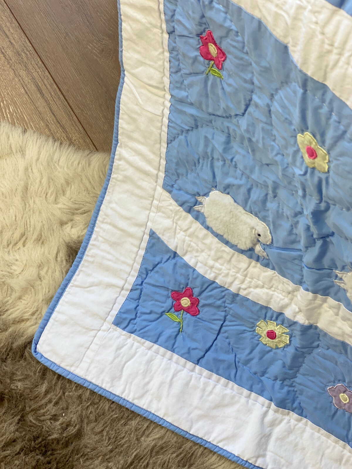 Luxury 100 Cotton Baby Blue Cot Quilt Fluffy Sheep Kids Blanket
