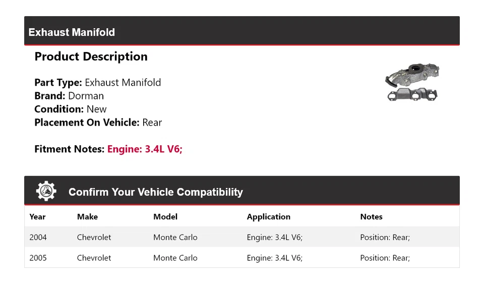 Colector de escape trasero Dorman V6 3,4 L Chevrolet Monte Carlo 2004-2005 Foto 2 de 4