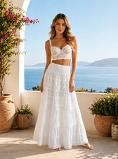 White Cotton Tiered Maxi Skirt Boho Lace Free Size Long Skirt Smocked Waist