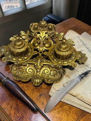 19th To 20th Century Antique Brass Double Inkwell likely made in England France.
