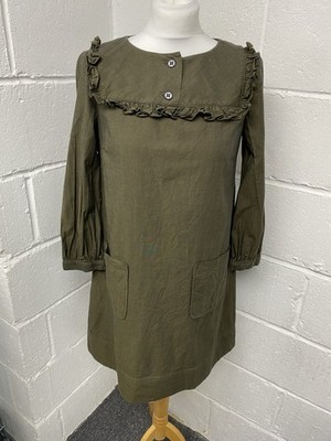 Boutique by Jaeger khaki grün Taschen Rüschenkragen Langarm Kleid UK10 PD
