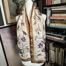 The Specialty House Silk Oblong Scarf Violets w/Purple Tan Border 11" x 52"