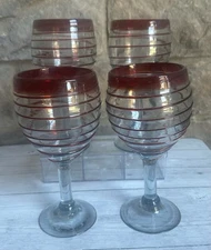 Vintage Mexican Hand Blown Glass Wine Goblets - Red Spiral - 8” - Set of 4