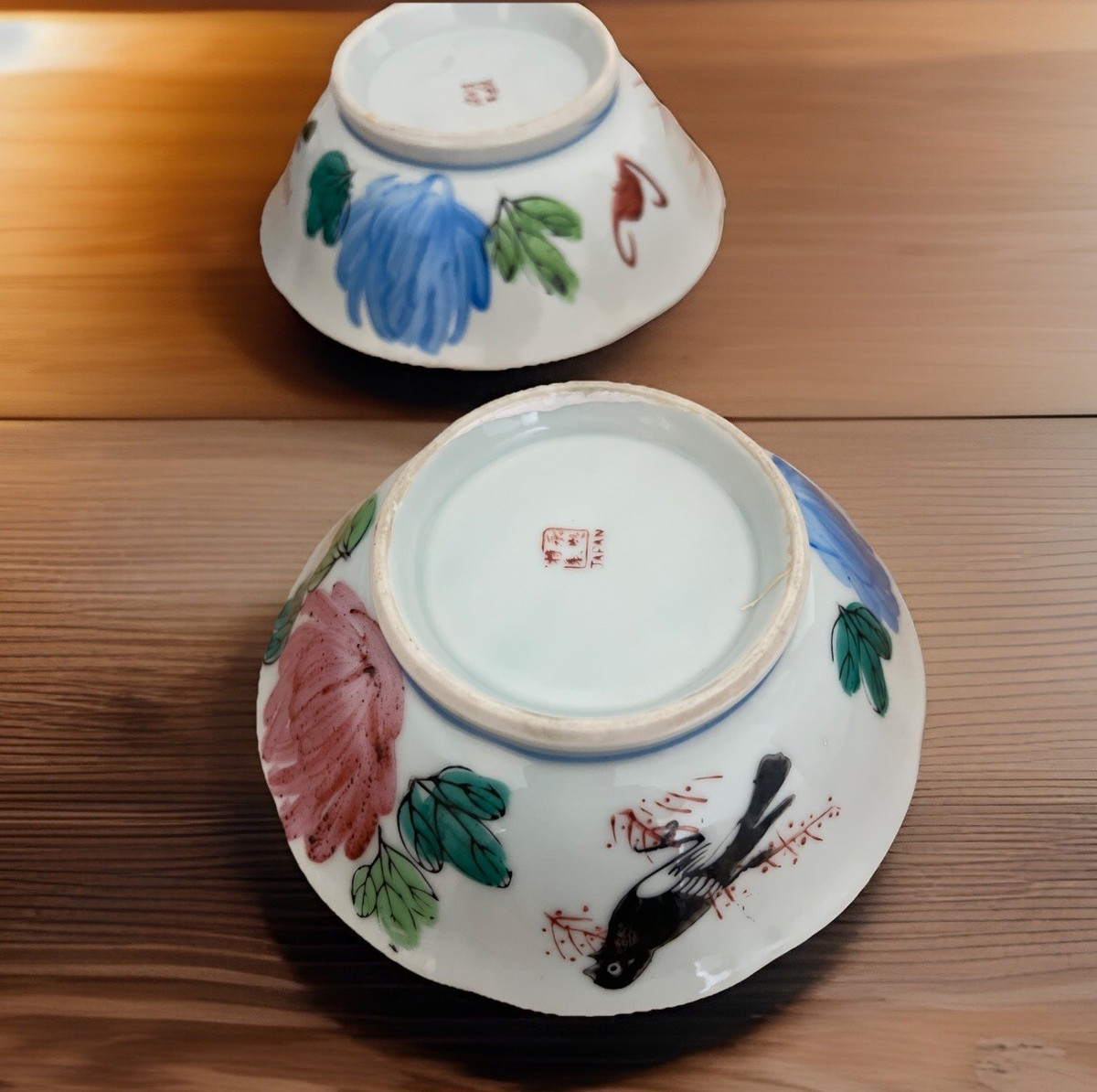 2 Vintage Japanese Porcelain Hand Painted Bowls Birds Flowers