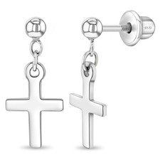 Dangle Cross Kids / Children's / Girls Earrings Screw Back - Sterling Silver