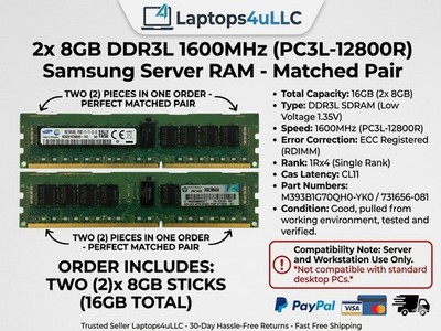 Samsung 16GB (2x8GB) DDR3L 1600MHz PC3L-12800R ECC Reg Server RAM Matched Pair