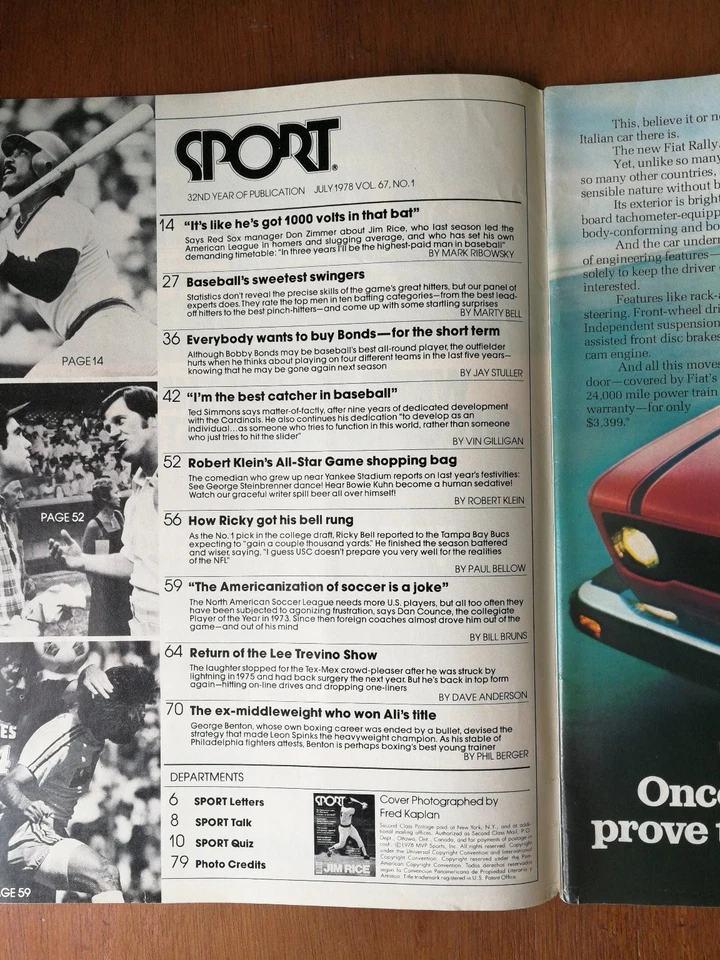 Sport Magazine July 1978 Jim Rice Boston Red Sox - Image 2 of 2
