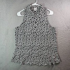 Cabi Sleeveless Shirt Top Women Medium 1/2 Button Floral Print Black White