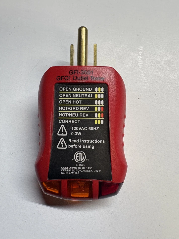 GB GARDNER DOBLADORA HERRAMIENTAS GFCI Y TOMA DE CORRIENTE RECEPTÁCULO PROBADOR ANALIZADOR, GFI-3501 Foto 2 de 4