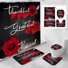 4 Pcs Red Rose Shower Curtain Set with Non-Slip Rugs, Toilet Lid Cover and Bath
