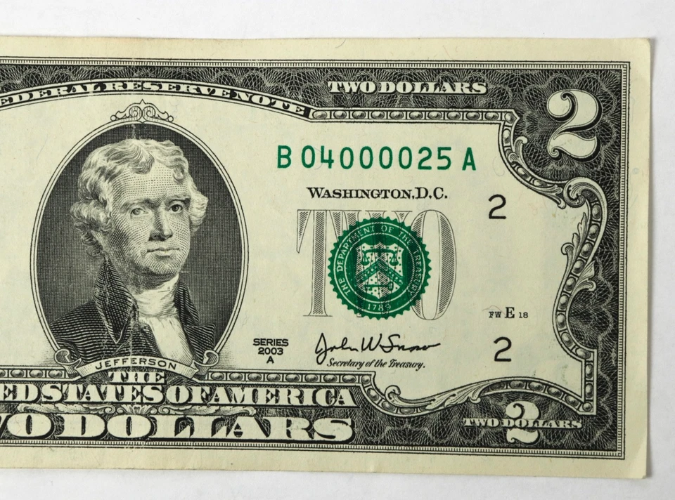 2003 A $2 Federal Reserve Note Fancy Serial Number B04000025A - Image 3 of 3