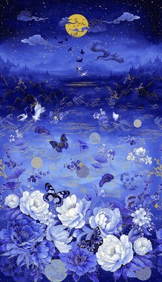 Ocean Asian Moonlight Fabric Panel ~ 24'' x 44'' ~ Blue, butterflies, floral
