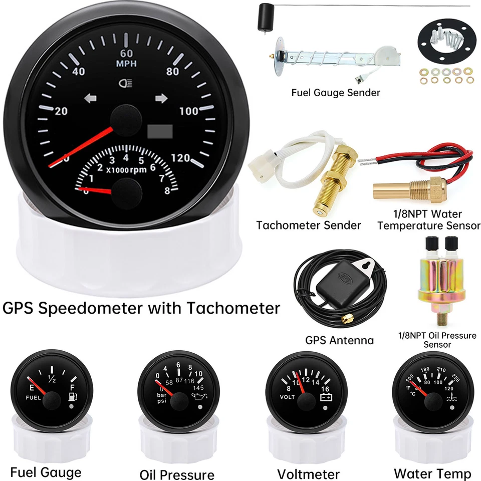 5 Gauge Set 85mm GPS Speedometer 120MPH With Tacho&52mm 4 Gauge With Sensor US - Image 3 of 4