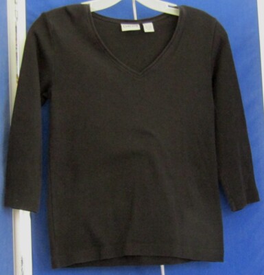 EUC Wardrobe Basic KNIT TOP by CHICO'S V-Neck BLK. Short Sl COTTON & Spandx Sz 0