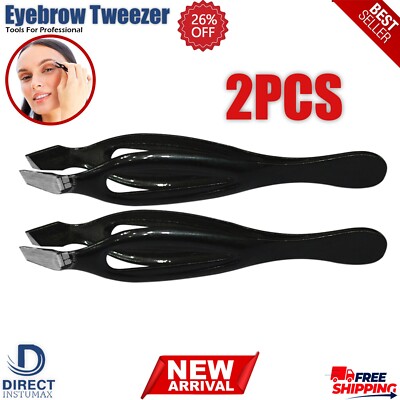 2PCS New Tweezers 3.5'' Slant Tweezer Eyebrow Hair Pluckers for Men & Women BLACK