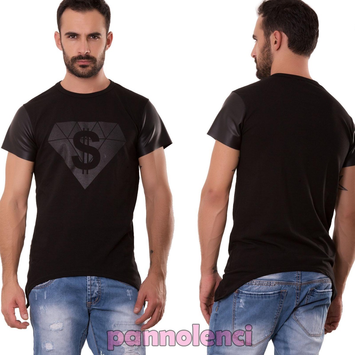 Maglietta uomo maglia maniche corte ecopelle diamante asimmetrica