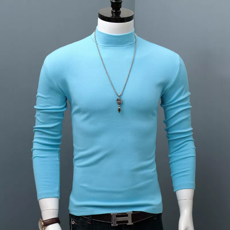 Men's Base T-shirt Long Sleeve Half High Neck Solid Color Slim-fit Big Size  Top