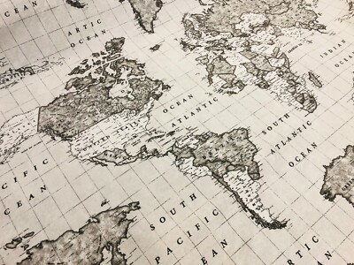 GRAU WELTKARTE Stoff Vintage Reiseatlas Vorhang Baumwollstoff -140cm breit
